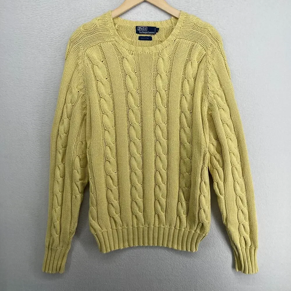 POLO RALPH LAUREN Sweater Mens L Cable Jumper Pullover Cotton Yellow HK VTG